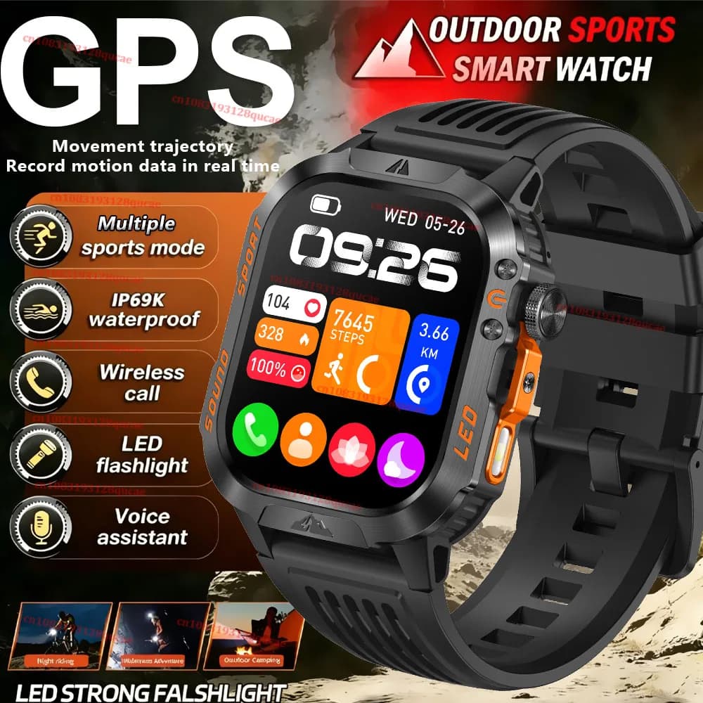Nuovo Smartwatch Militare GPS per Uomo con Torcia LED, Impermeabile IP68, Monitoraggio del Sonno, Chiamate Bluetooth, per Sport all'Aperto HW12
