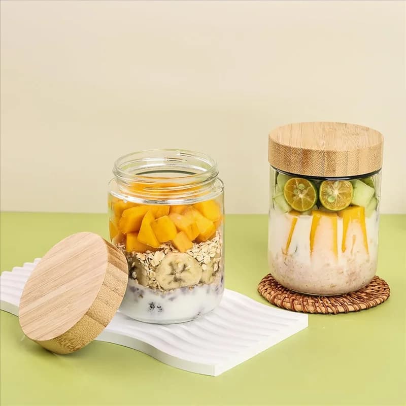 LNHF 6-Pack Overnight Oats Containers With Bamboo Airtight Lids, 16Oz Wide Mouth Salad Jars, Glass Food Storage Containers