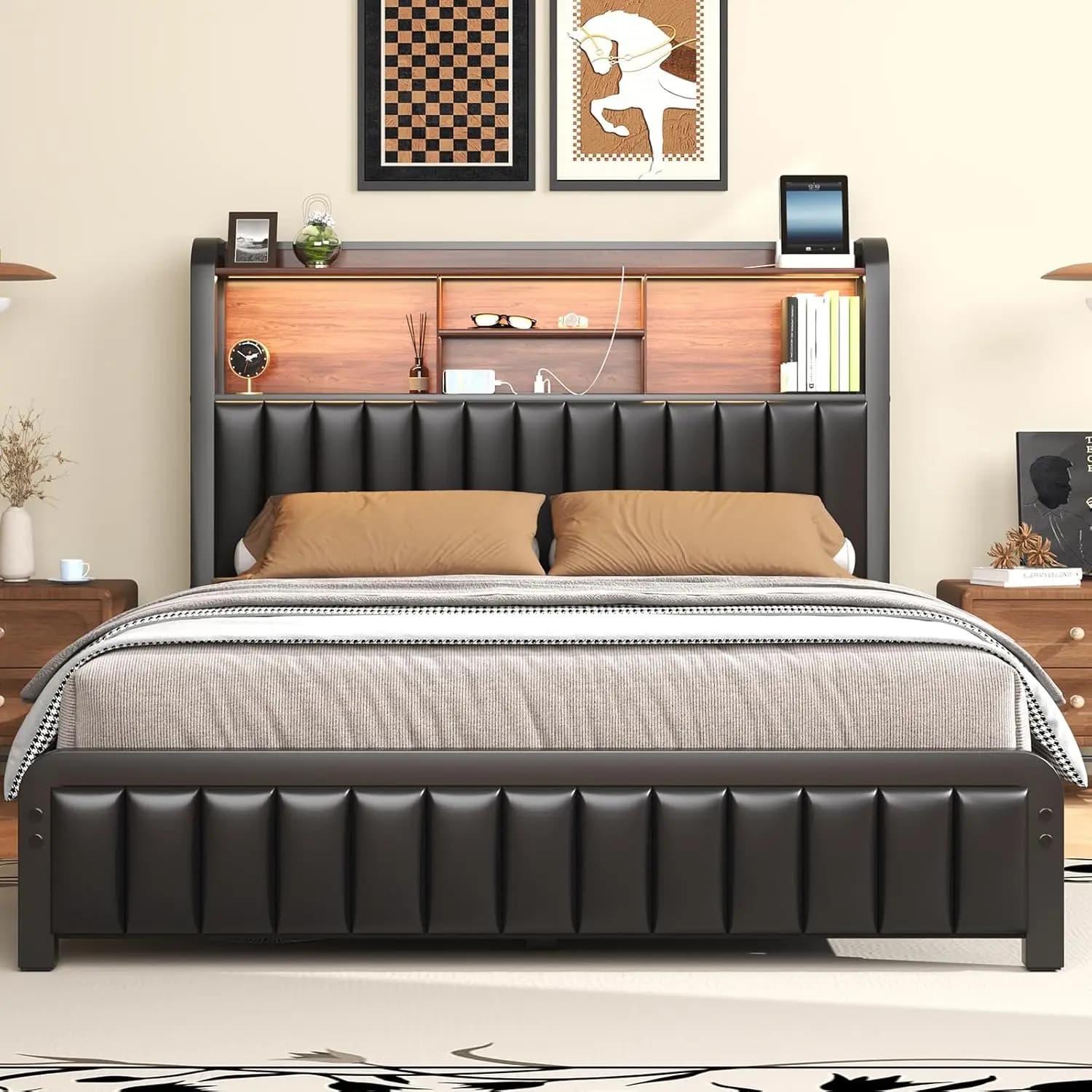 Struttura Letto Queen 138 cm di Altezza con Testiera a 3 Ripiani e Stazione di Ricarica, Telaio in Metallo con LED, Personalizzabile