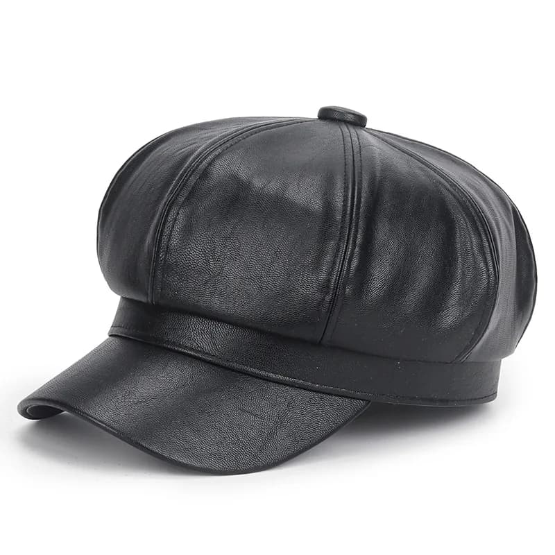 Cappello invernale in pelle PU nera per donna Berretto da camionista hip-hop vintage Cappello ottagonale con berretto casual alla moda