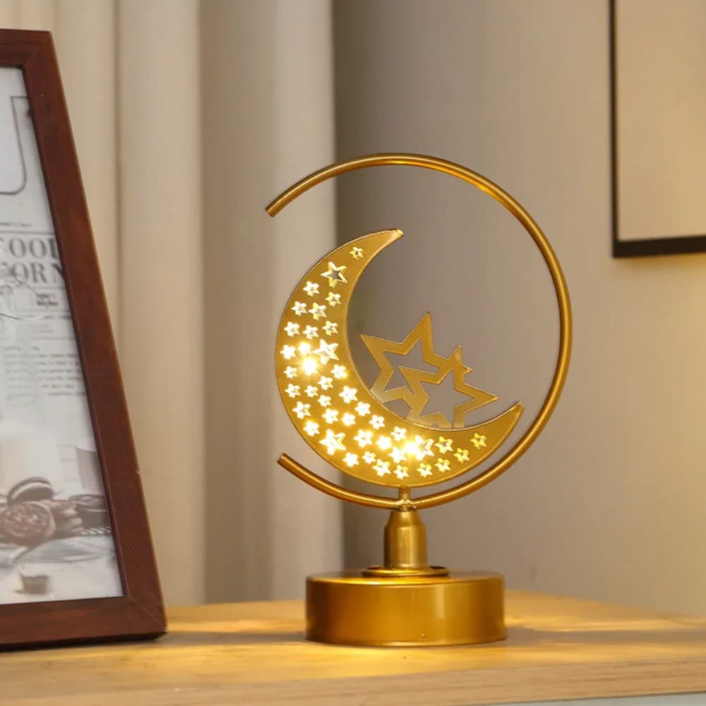 Lampada a Mezzaluna in Ferro Battuto Eid Mubarak, Luce Calda per Feste, Lampada da Tavolo LED Luna Dorata per Camera da Letto, Decorazione Ramadan