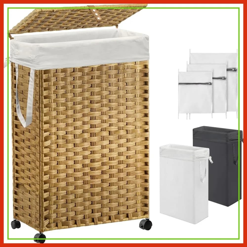 Cesto portabiancheria sottile da 70L con coperchio e ruote, cesto mobile con 2 fodere rimovibili e 3 sacchi in rete, contenitore per biancheria sporca stretto, pieghevole in rattan intrecciato a mano