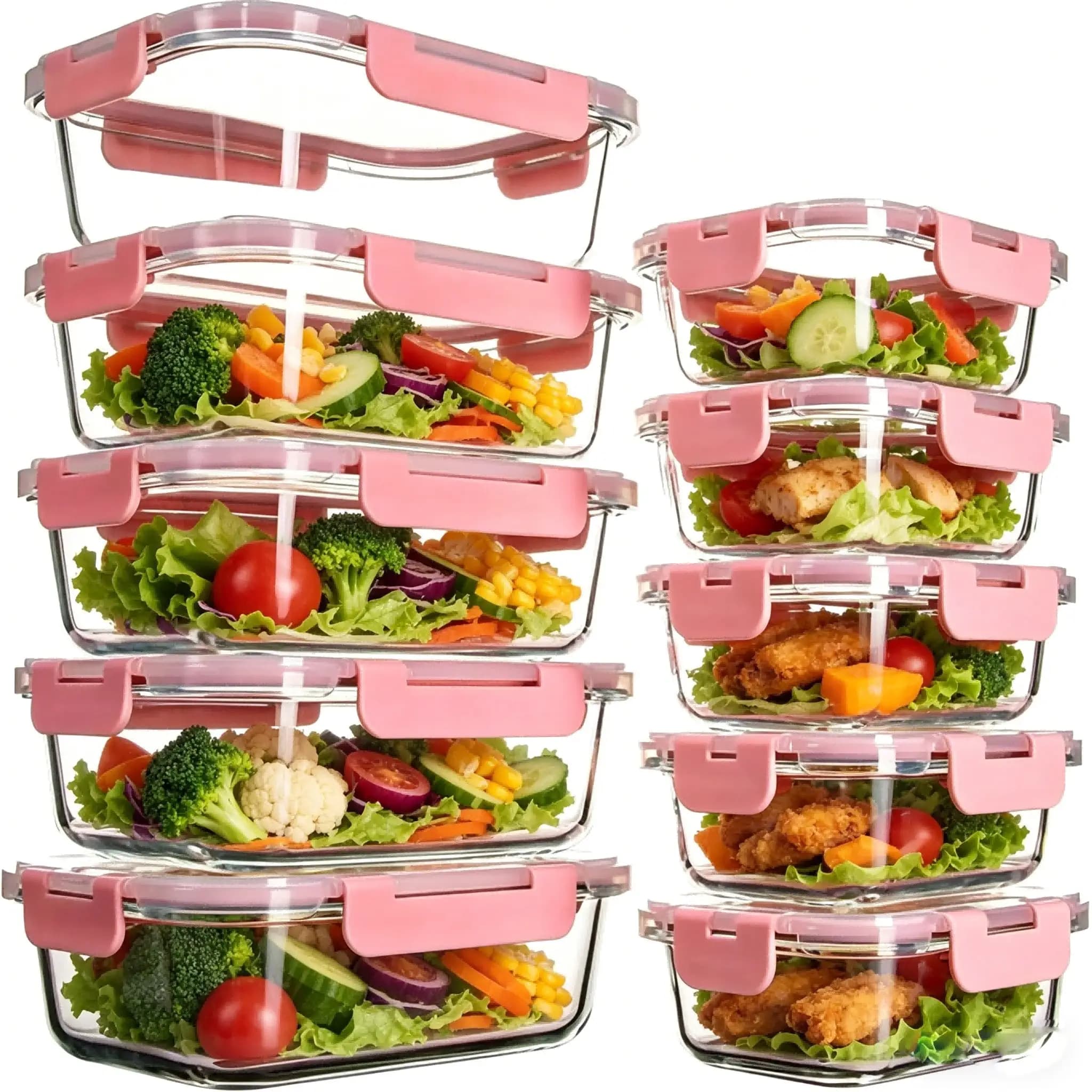 10 Pack Glass Meal Prep Containers Modern Clear Food Storage Containers With Pink Airtight Snap Lids Glass Lunch Bento Box Leakproof Microwave Freezer Dishwasher Safe For Kitchen Office School Portion Control Housewarming Gift