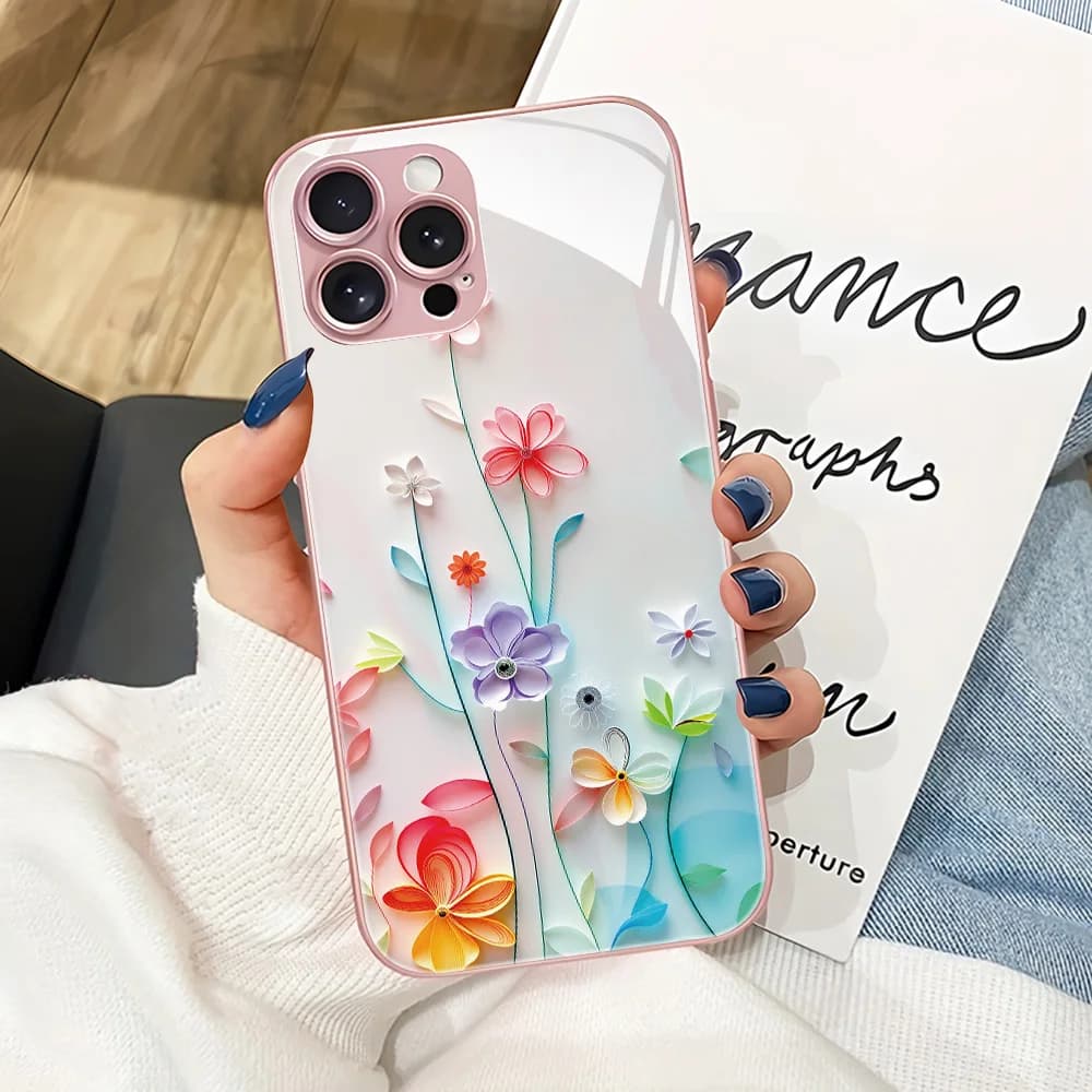 Custodia in vetro temperato con fiori rosa per iPhone 17, Fundas iPhone 17 Pro Max, 17 Air, 16, 15, 14, 13, 12, 11 - Cover protettiva posteriore morbida con paraurti