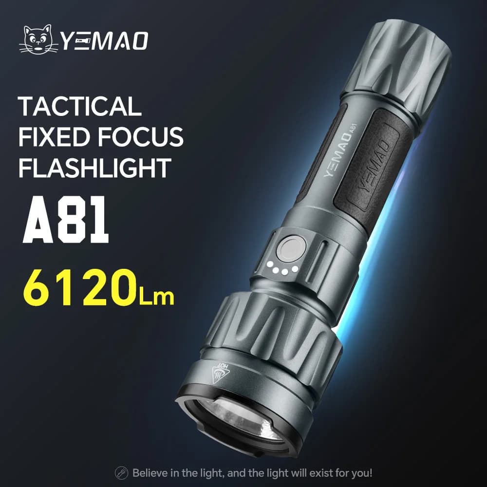 YEMAO-A81 6210LM torch, USB-C charging search light, 500 m beam, 21700 battery, smart display, IPX4 waterproof, tactical switch