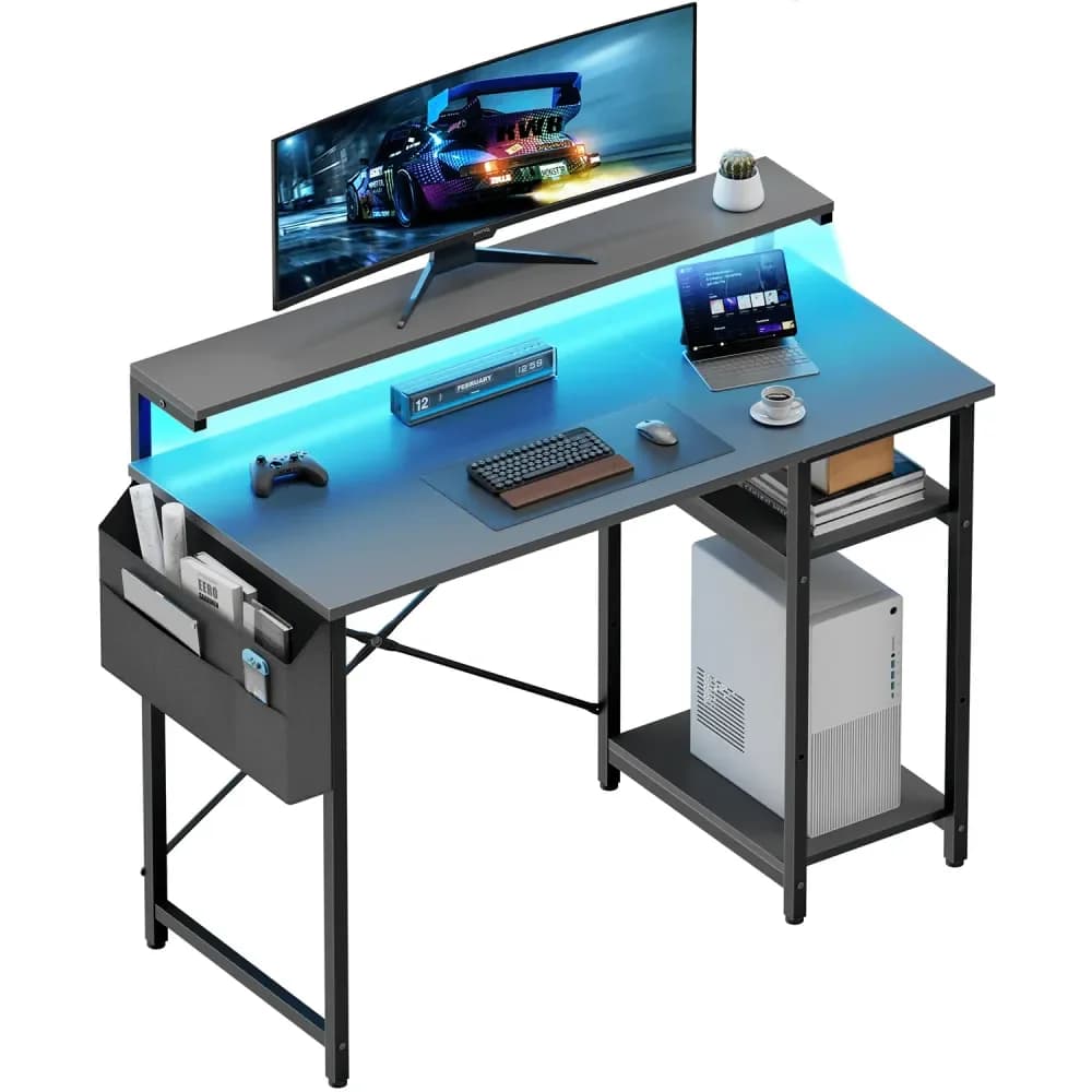 Scrivania per computer da ufficio con luce LED, tavolo da ufficio con supporto per monitor per uso domestico, scrivania ad angolo con ampio scomparto portaoggetti