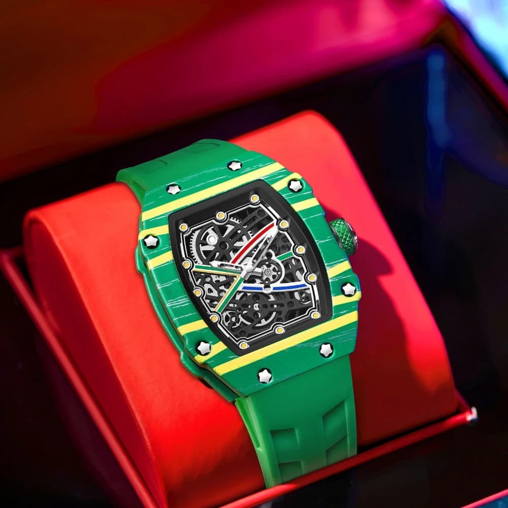 Orologio Classico Tonneau al Quarzo da Uomo con Quadrante Colorato, Trendy Ultra-Sottile, Scheletrato, Originale, alla Moda, con Datario, Relogio