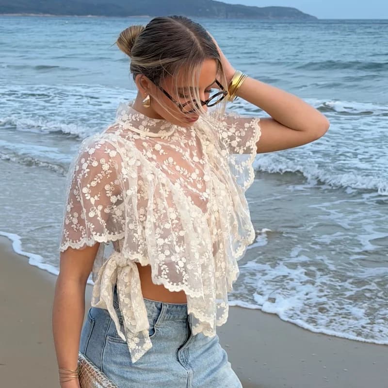 Women Y2K Fairy Floral Lace Embroidery Shawl Tops See Through Casual High Neck Loose shawls Asymmetrical High Street Cover Ups