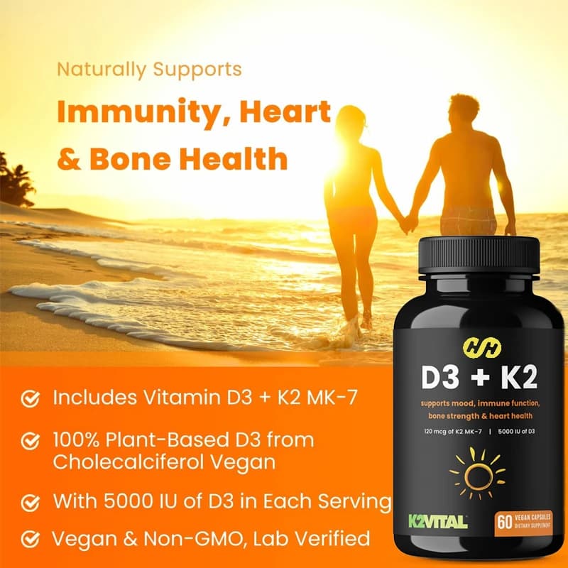 Supplement for Heart and Bone Health with Vitamin D and K, D3, K2, MK-7, 60 Vegetarian Capsules