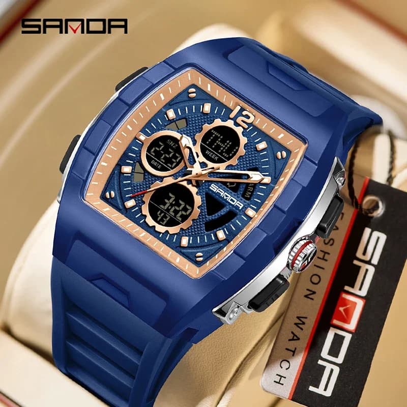 SANDA Fashion Tonneau Design Men Quartz Watch Outdoor Military Sport Waterproof Clock Countdown Alarm Digital Watch Male Cloc