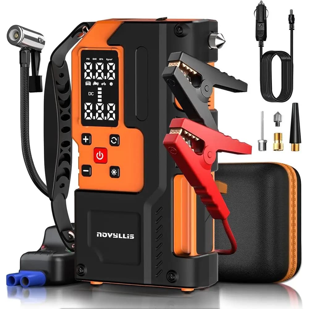 Avviatore di Emergenza Portatile 4000A, Power Bank 10000mAh, Luce LED, Compressore d'Aria a 22 Cilindri, Gonfiatore Pneumatici 150PSI, AutoShuto e Wi-Fi
