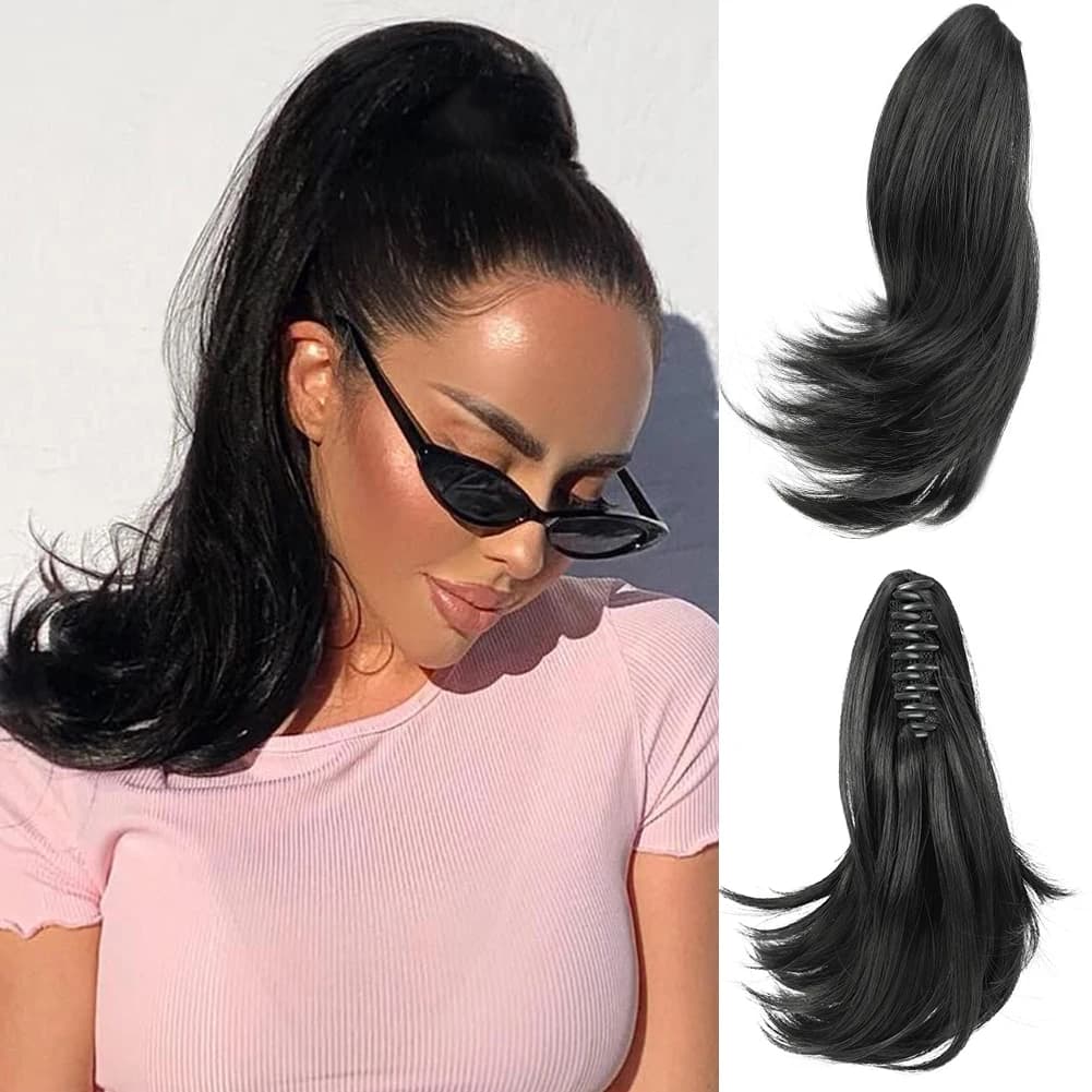 Clip per artiglio Pezzo di capelli coda di cavallo corta 10" Estensione coda di cavallo sintetica Marrone scuro/Auburn dorato
