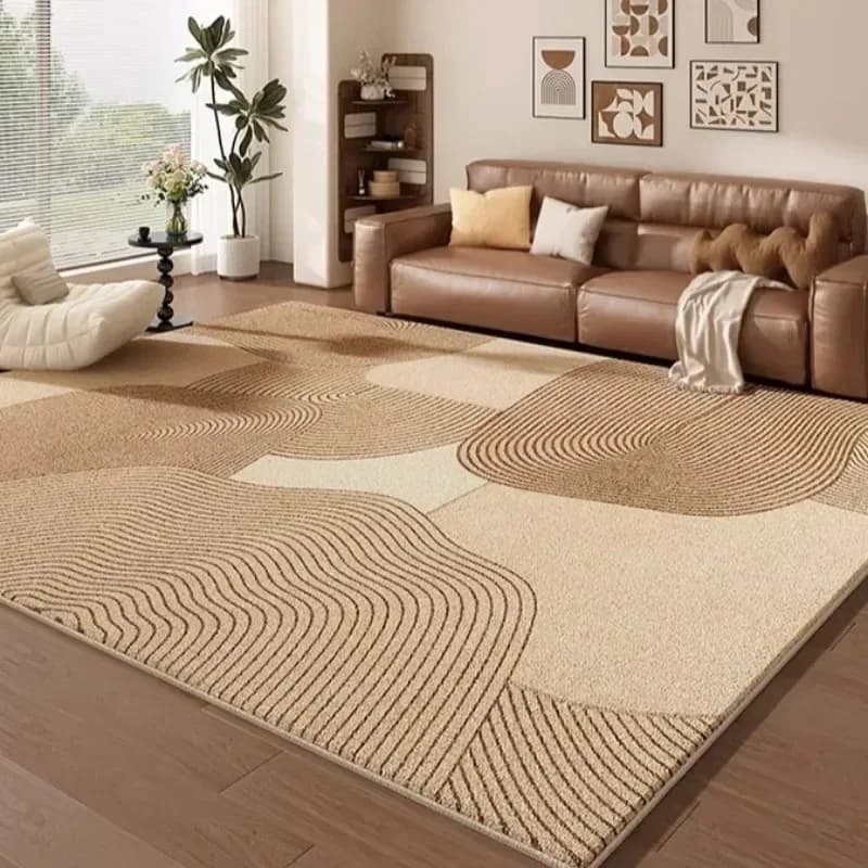 Living Room Bedroom Large Floor Rug Beige Brown Abstract Wavy Line Block Print Soft Carpet Modern Minimalist Home Decoration