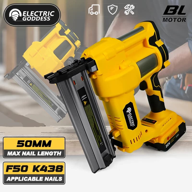 Pistola sparachiodi elettrica senza spazzole da 50 mm Regolazione della profondità Chiodatrice Cucitrice F50 Pistola per punti metallici per mobili Perno batteria Dewalt 20V