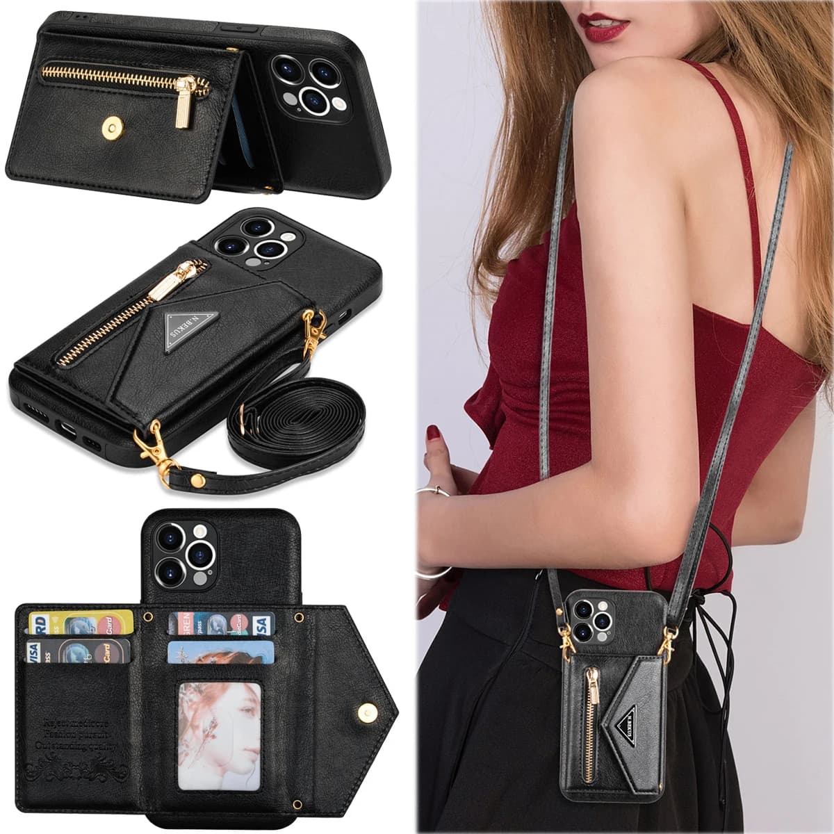 Zipper Wallet for IPhone 17 Air 16 15 Plus 14 13 12 Mini 11 Pro Max Case with Card Holder Lanyard Strap Crossbody Leather Cover