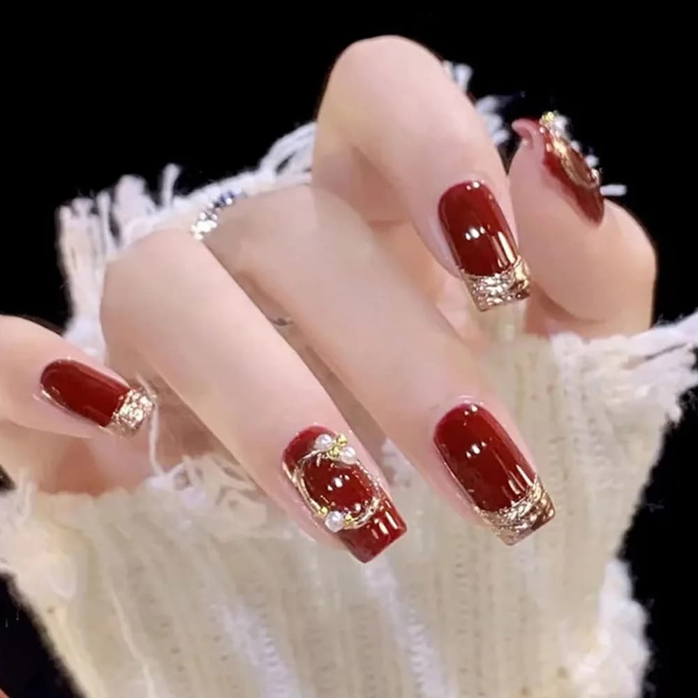 Medium Length Square Artificial Acrylic Nails with Red Pearl Designs, 24pcs Reusable Coffin False Nails Set for Nail Art