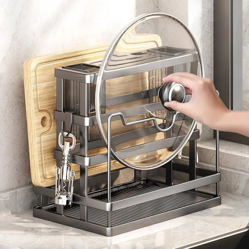 Wall-Mounted Kitchen Knife Holder Stainless Steel Integrated Cutting Board Storage Rack Utensil Organizer Plastic Material