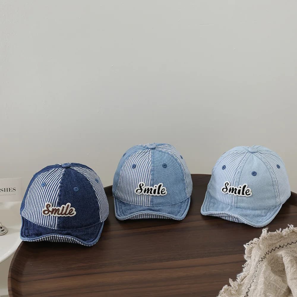 Patchwork Stripes Washed Denim Baby Beanie with Letter Patch Soft Brim Baseball Cap for Outdoor Versatile Casual Wear