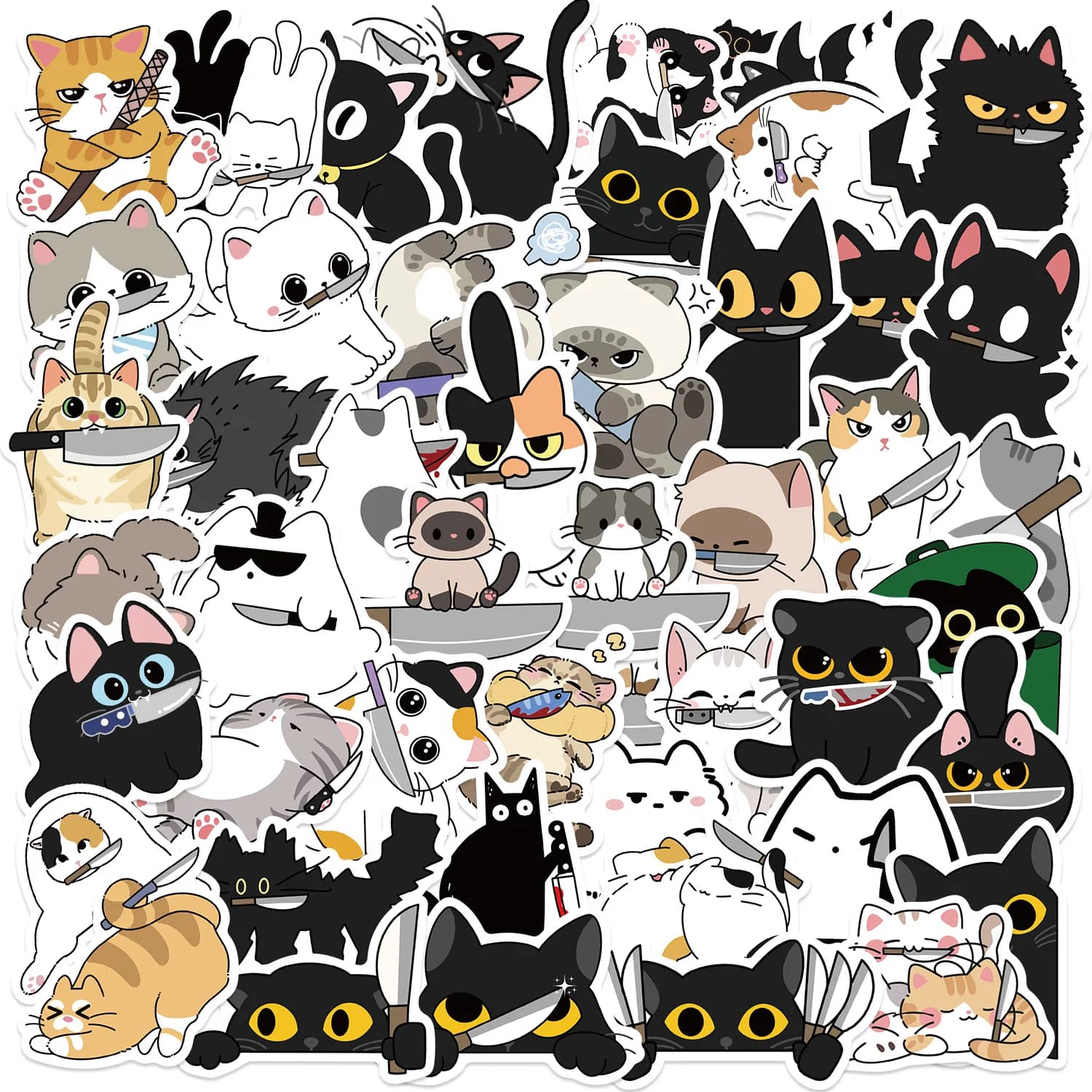 10/50 pezzi simpatico gatto con un coltello adesivi graffiti cartoni animati telefono chitarra laptop notebook valigia tazza adesivo impermeabile giocattolo per bambini
