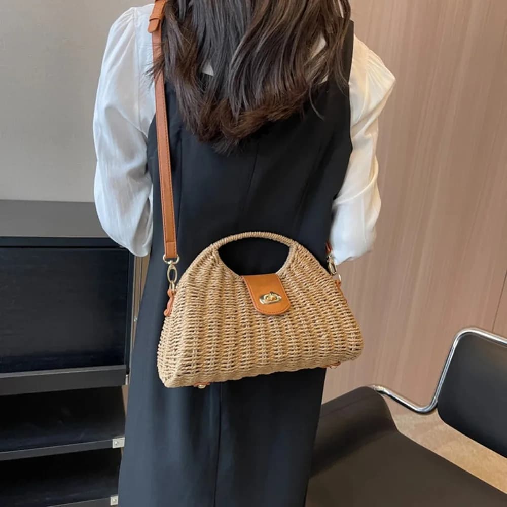 Summer Vacation Beach Bag For Women Khaki Straw Bag Rattan Handmade Designer Hobo Purse Lady's Big Round Handle Clutch Bag