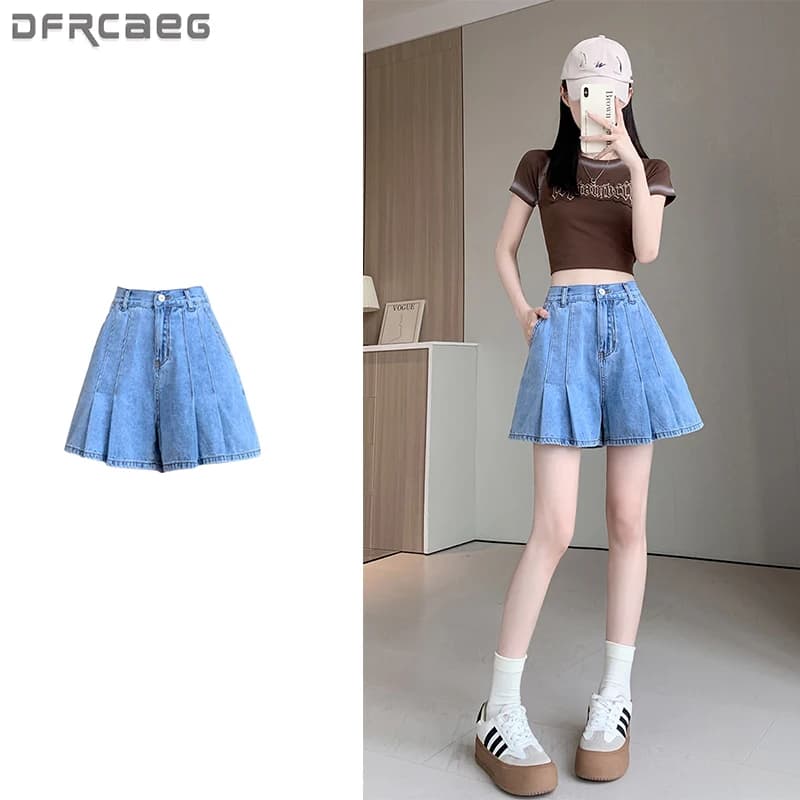 L-6XL Plus size jeans shorts for women Summer 2025 Color blue or blue Leg Mini wide pleated jeans Jeans for women