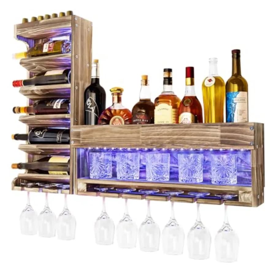 Portabottiglie da Parete in Legno Rustico con Illuminazione, Espositore per Liquori e Bicchieri da Vino con Porta Tappi