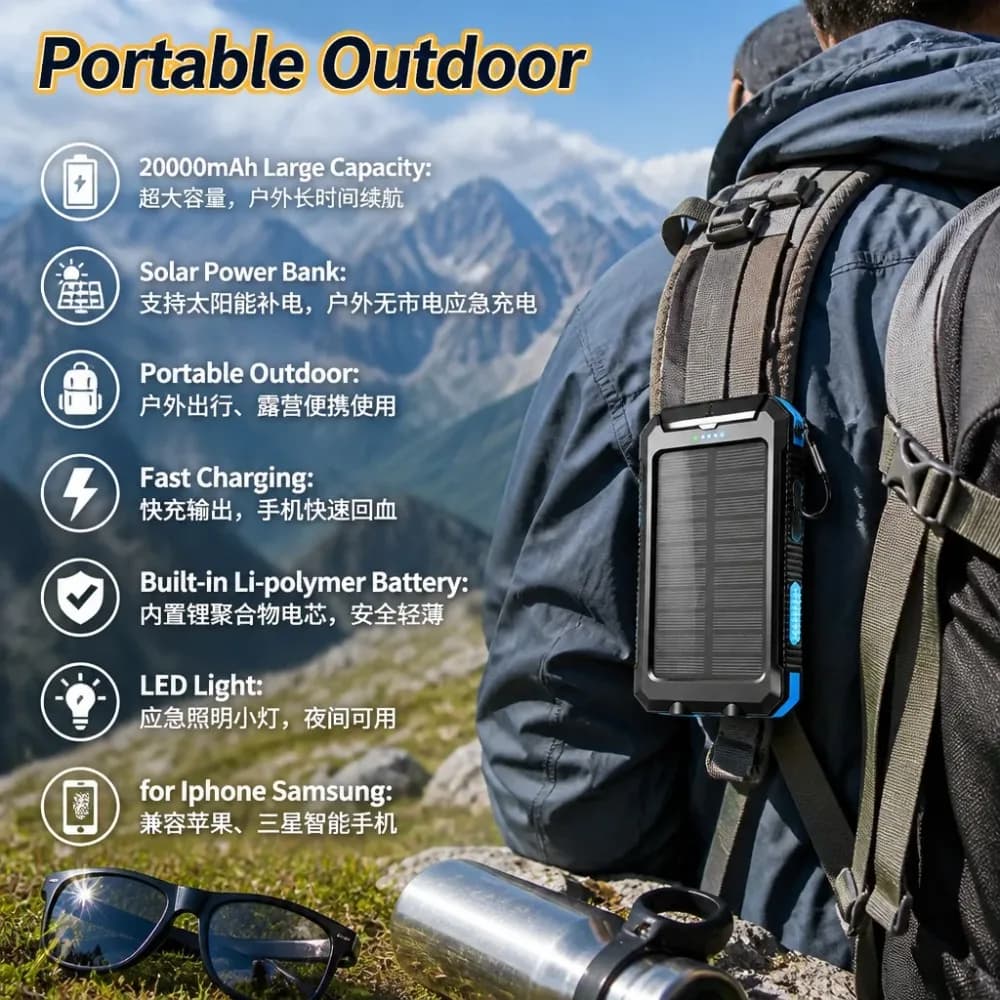 20000mAh Solar Power Bank Large Capacity Outdoor Portable Fast Charging Li-Polymer Battery With LED Light For iPhone Samsung