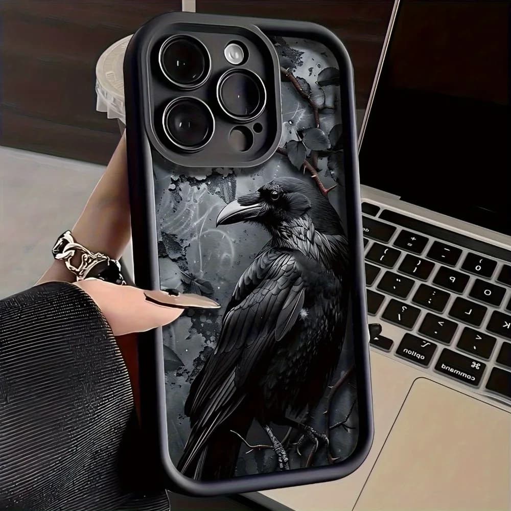 Cover per iPhone con motivo corvo nero, anti-caduta e anti-shock, compatibile con iPhone 17 16 15 14 13 12 11 Pro/Max/Plus