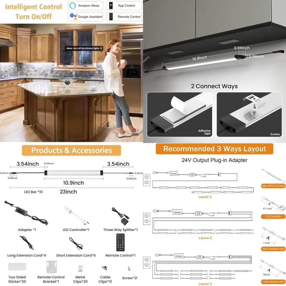 Dimmable LED Strip Lights for Substances, 24V Connectable Devices, Cold White for Kitchen, Stove, Shelves and Glasses (10 pieces)