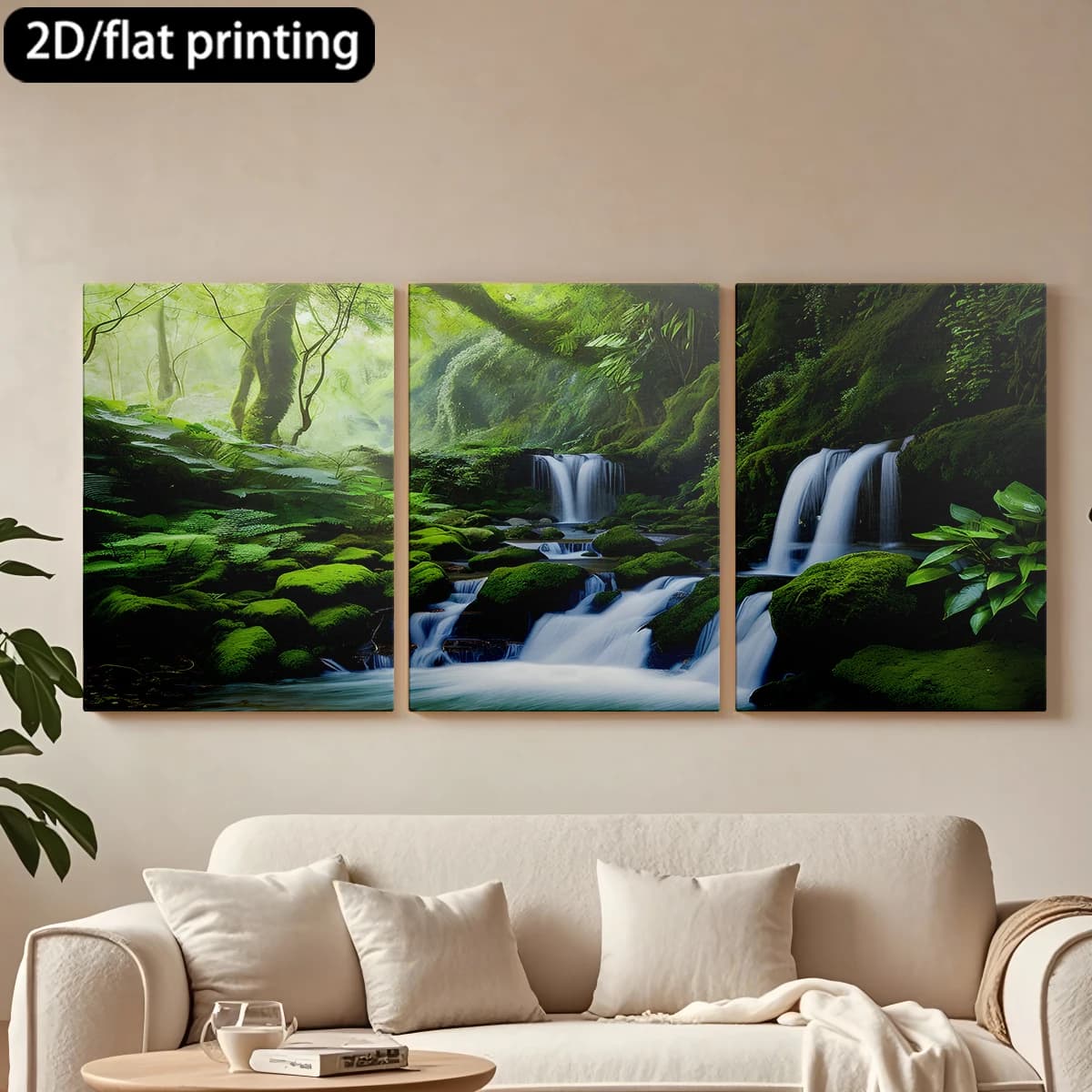 Decorative painting on canvas with wooden frame, 3 pieces. Luxurious green waterfall, tropical forest. Tende per camera da letto ikea.