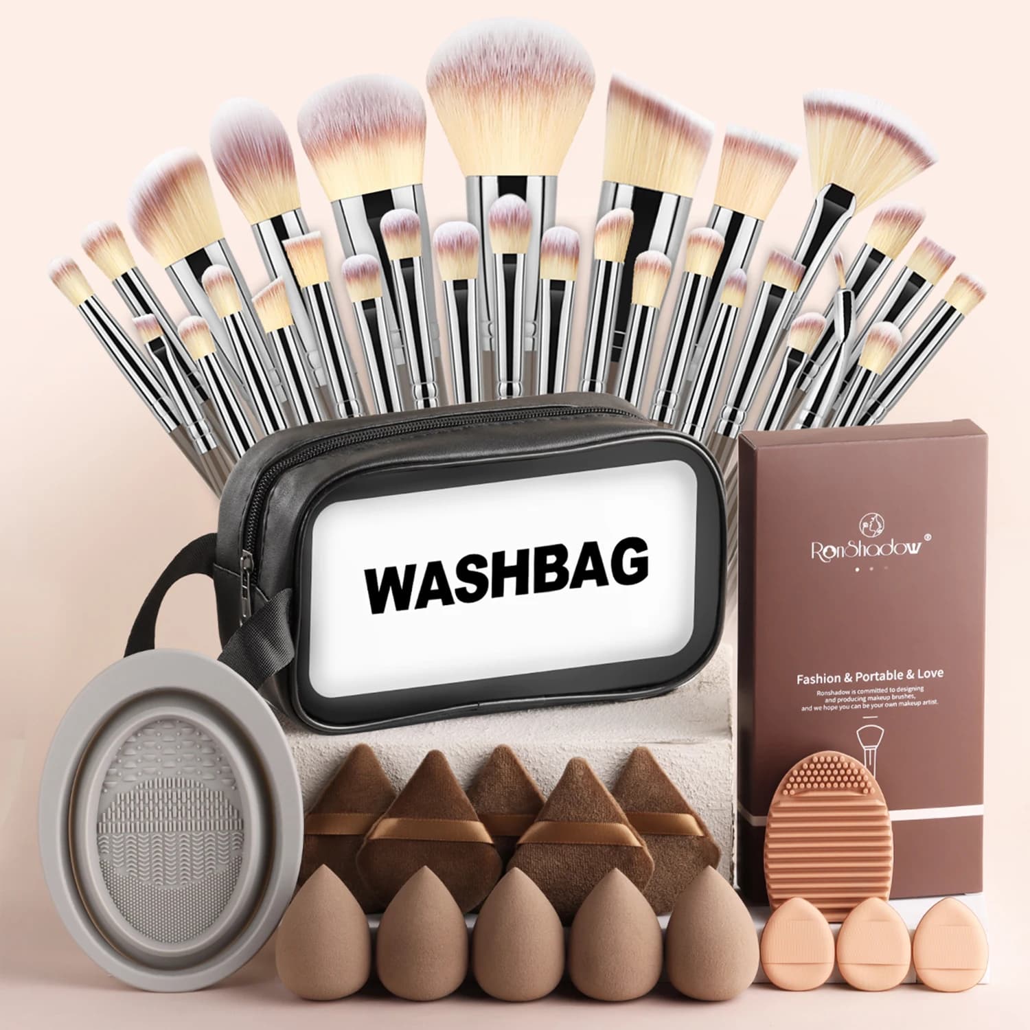 47Pcs Makeup Kit 30Pcs Boxed Makeup Brushes Triangle Puffs Beauty Blenders Cleaning Bowl Cleaner Sponge Portable Cosmetic Bag