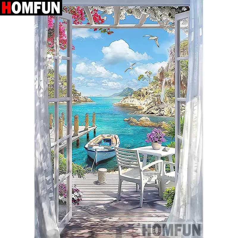 HOMFUN Quadrato Rotondo Trapano Pittura Diamante 5D Artigianato Ambientale Diamante Pieno Ricamo "Paesaggio Barca Finestra" Decorazioni per la Casa
