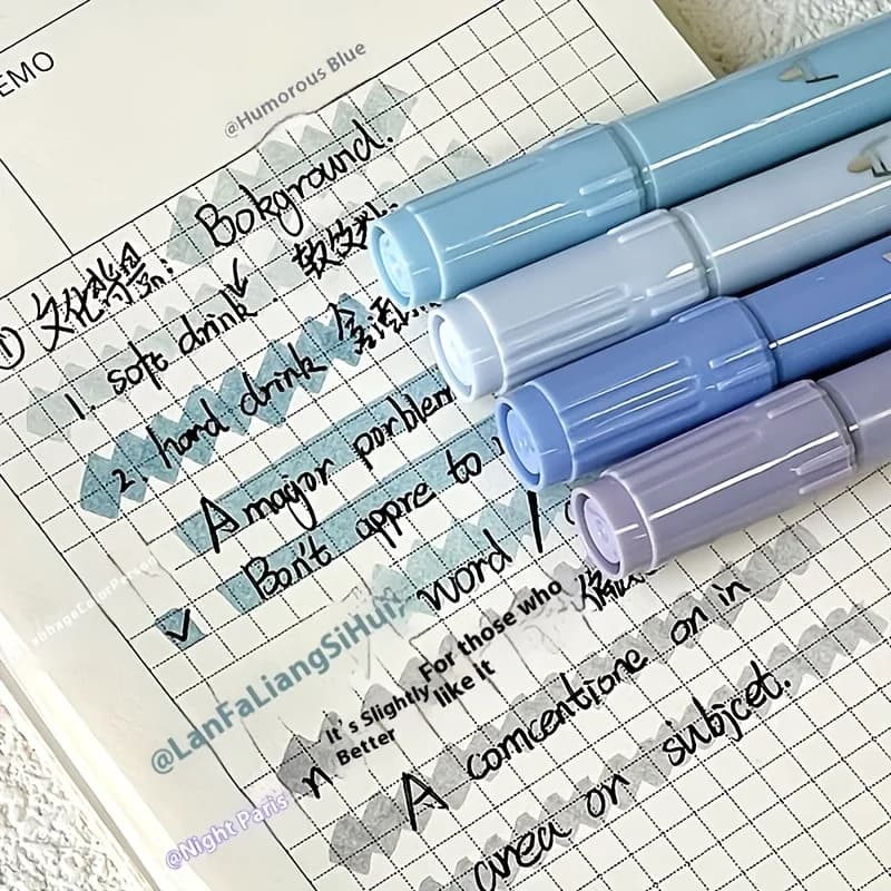 2 Sets of 4 Blue Gradient Dual-Tip Highlighters Each, Water-Based, Dual-Tip Design, Non-Toxic, High-Quality Ink, Suitable for Art, Crafts, Greeting Cards, Student Classroom Marking, and Highlighting
