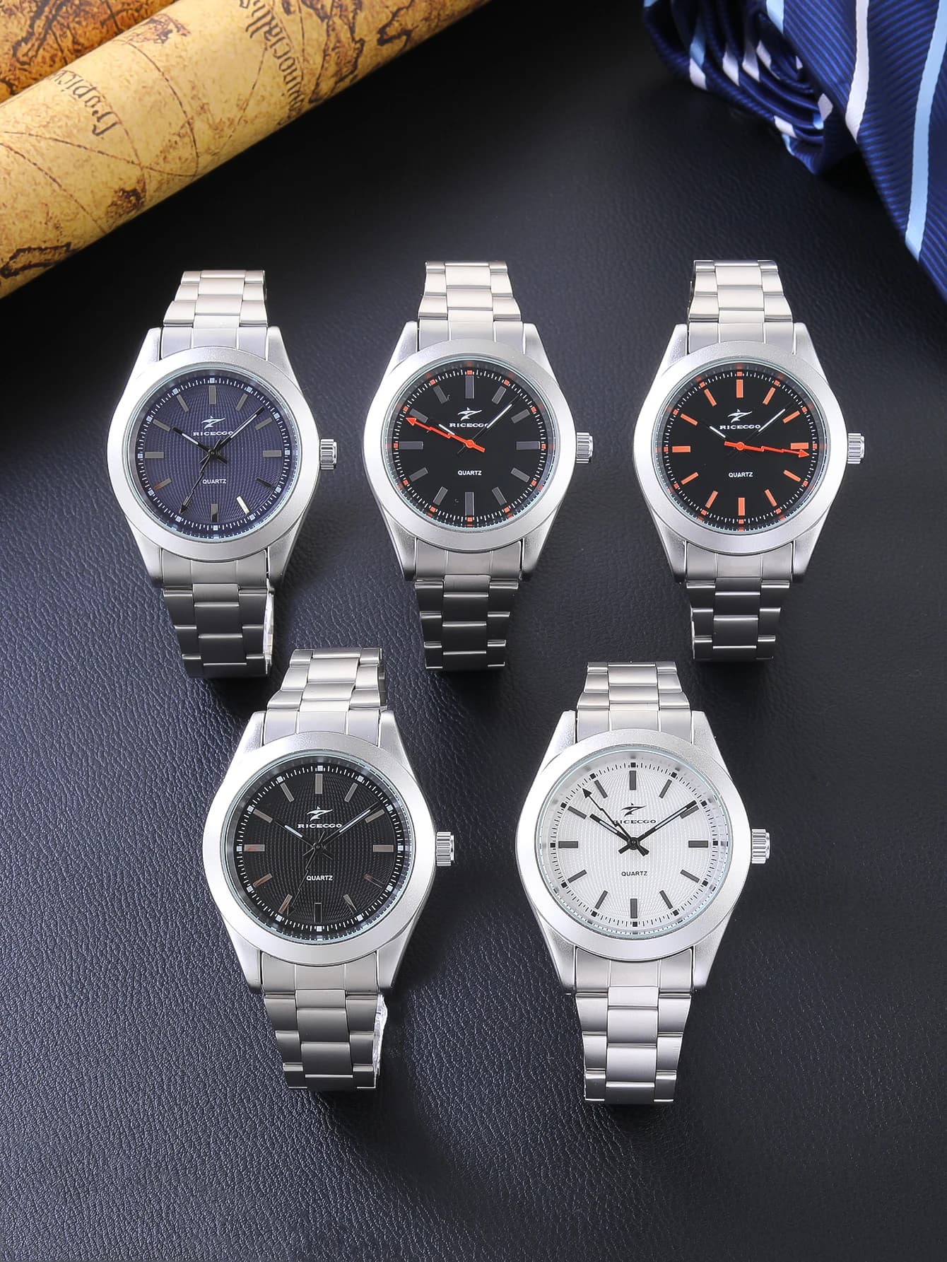Ricecgo 1 Orologio classico al quarzo da uomo - Stile business, quadrante rotondo, indicatori a barra, cinturino in acciaio inossidabile, movimento al quarzo, adatto per l'uso quotidiano, regalo ideale per compleanni o occasioni speciali, regalo per la festa del papà