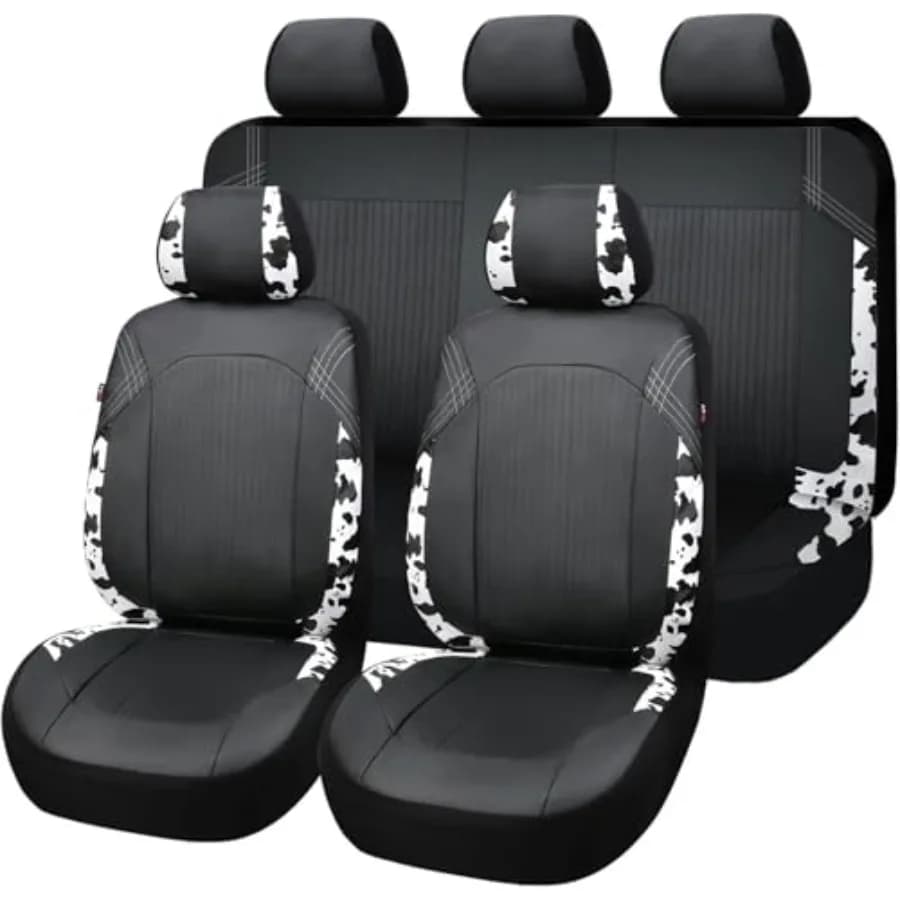 Car Seat Covers Synthetic Leather Set Complete Front and Back, Fashion Design, Easy Installation, Glass Holders Included, Black Cow Print, Low B Model