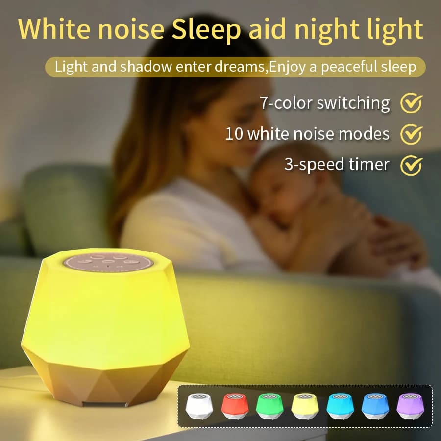 Luce Notturna con Funzione Rumore Bianco, 7 Colori, Sonaglio per Neonati, 10 Suoni della Natura, Ricaricabile, Timer, Lampada da Comodino per Cameretta, Regalo per Bambini