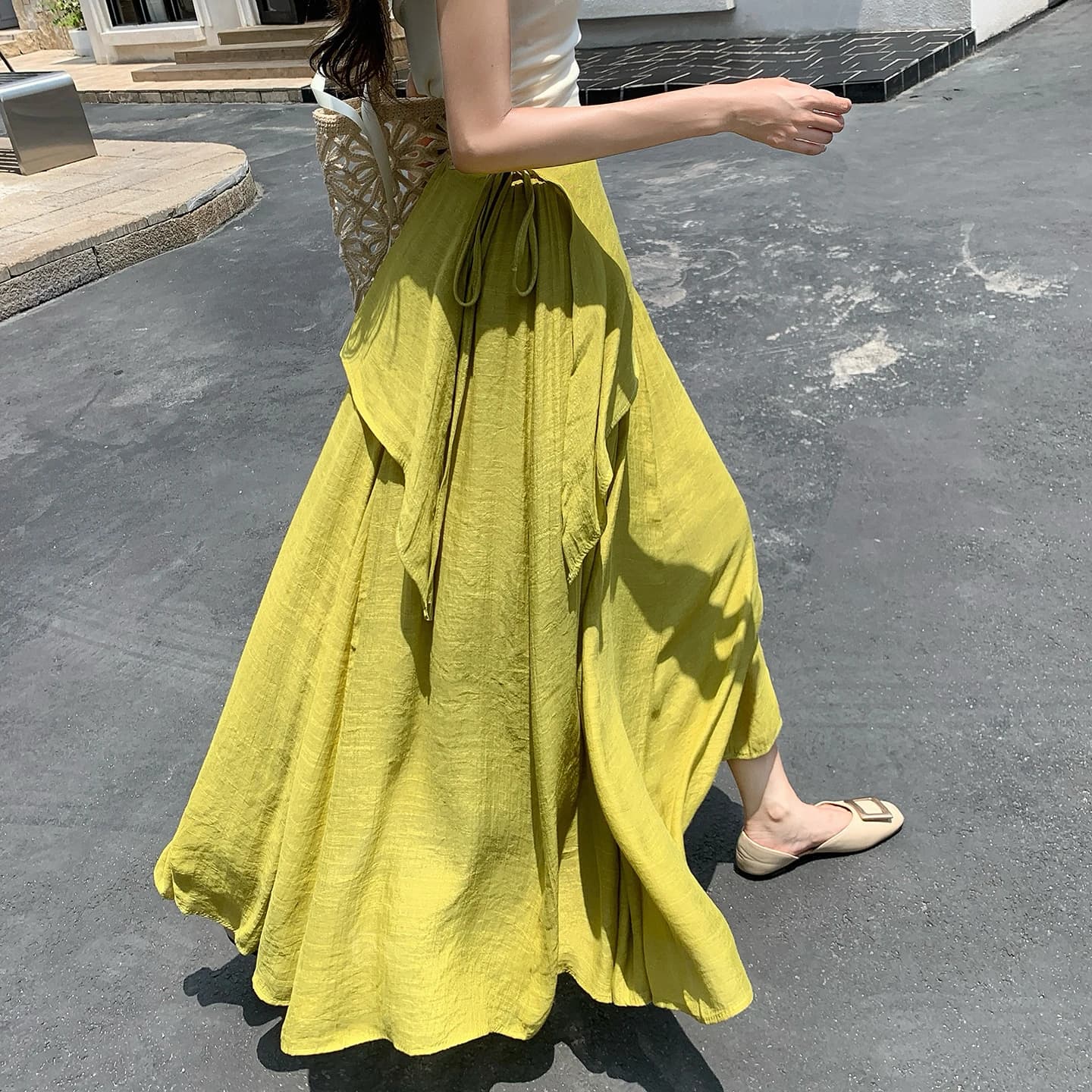 Seoulish Cotton and Linen Midi Skirt Women High Waist Tie Up Big Swing Skirt Elegant A Line Long Skirt Beach Casual Boho Skirts