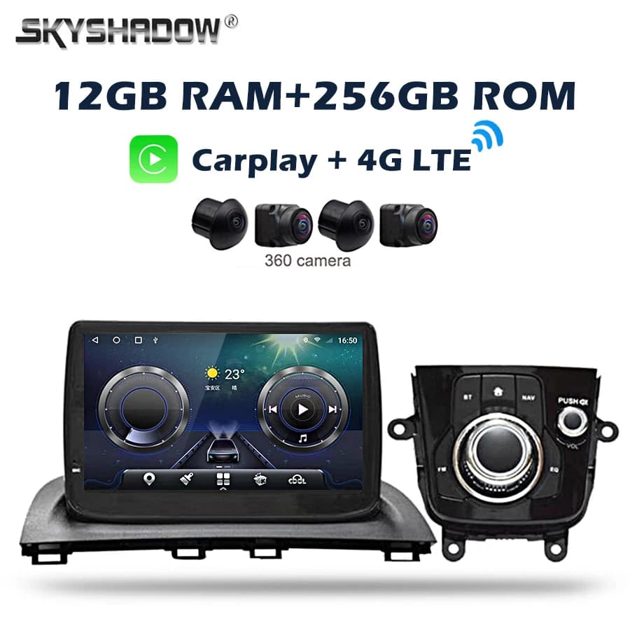 360 Fotocamera Carplay Auto Android 14.0 12G + 256G IPS 4G LTE Lettore DVD per auto GPS WIFI Bluetooth Radio per Mazda 3 Axela 2014 - 2018
