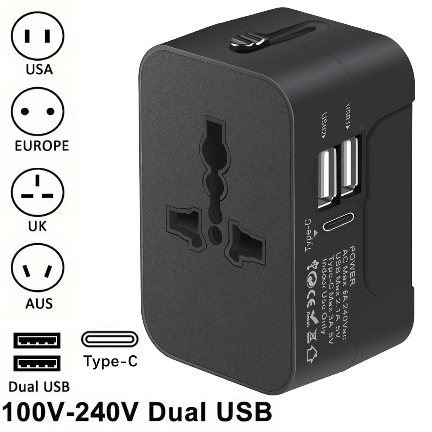 Adattatore da viaggio universale con doppia porta USB Adattatore da UK a EU Caricatore da muro Convertitore di alimentazione CA Mondo per USA EU UK AUS