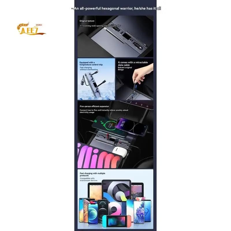 AEE7-For Tesla Model 3/Y Center Console Expansion Dock 65W PD Fast Charging USB Hub Fast Charging Hub Docking Station