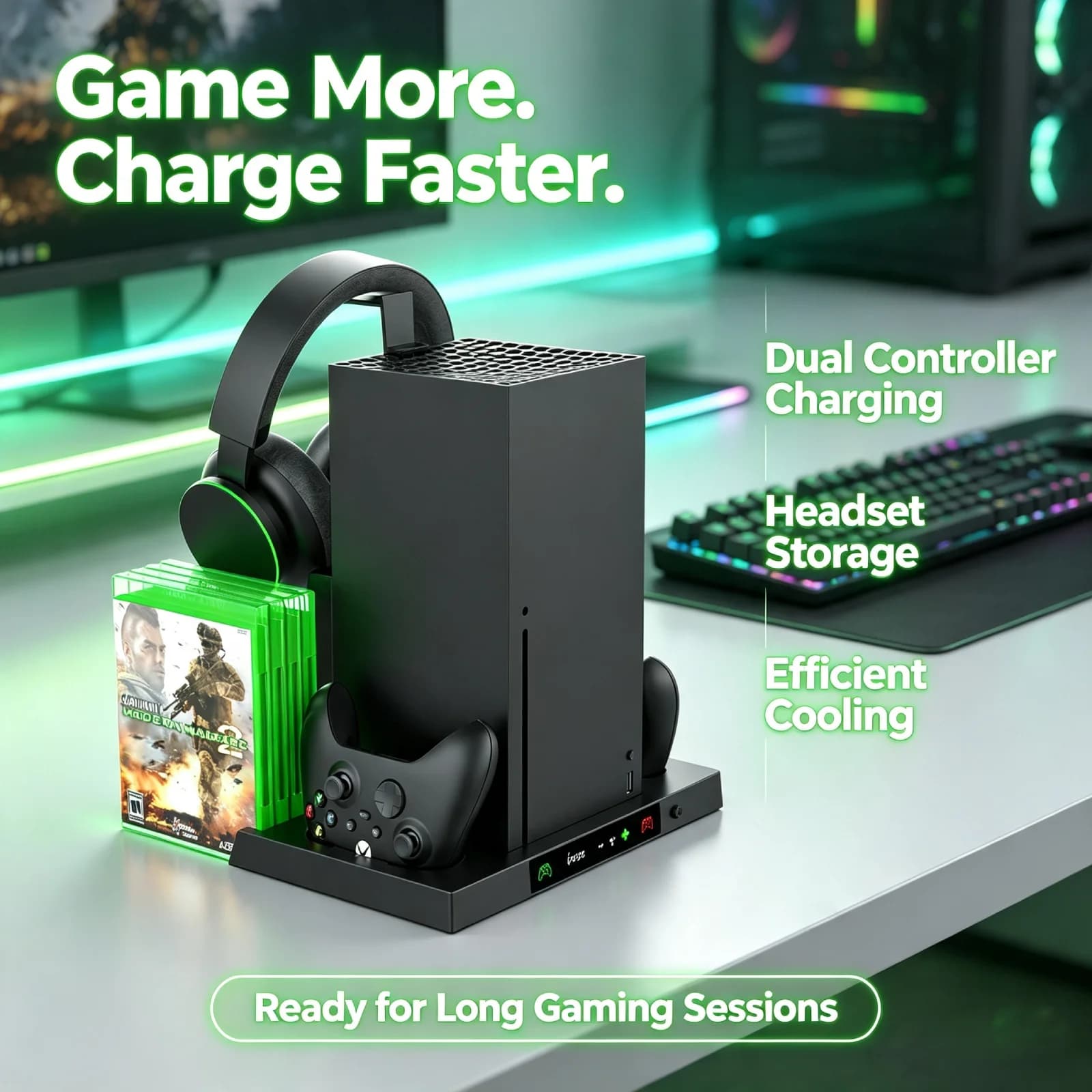 Xbox Series X Cooling Stand Dual Controller Charger Game Card Storage Headphone Holder Gaming Accessories