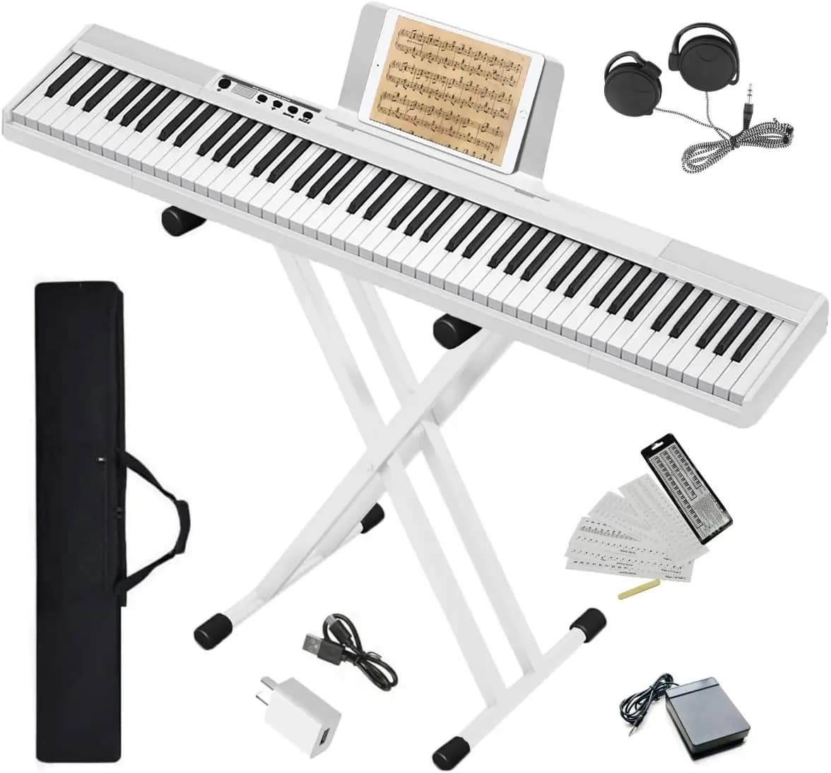 Pianoforte Digitale Portatile Compatto 88 Tasti Semi-Pesati a Grandezza Naturale, con Supporto, Cuffie, Pedale e Custodia per Principianti