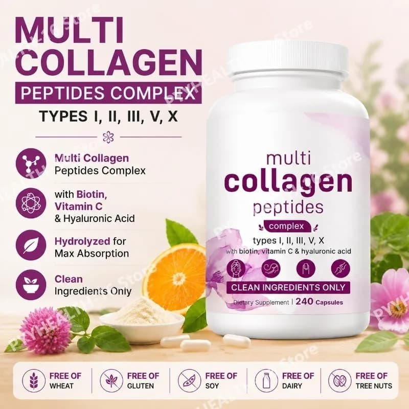 Multi Collagen Peptides Capsules with Biotin Vitamin C and Hyaluronic Acid Contains Eggs and Fish 240 Capsules