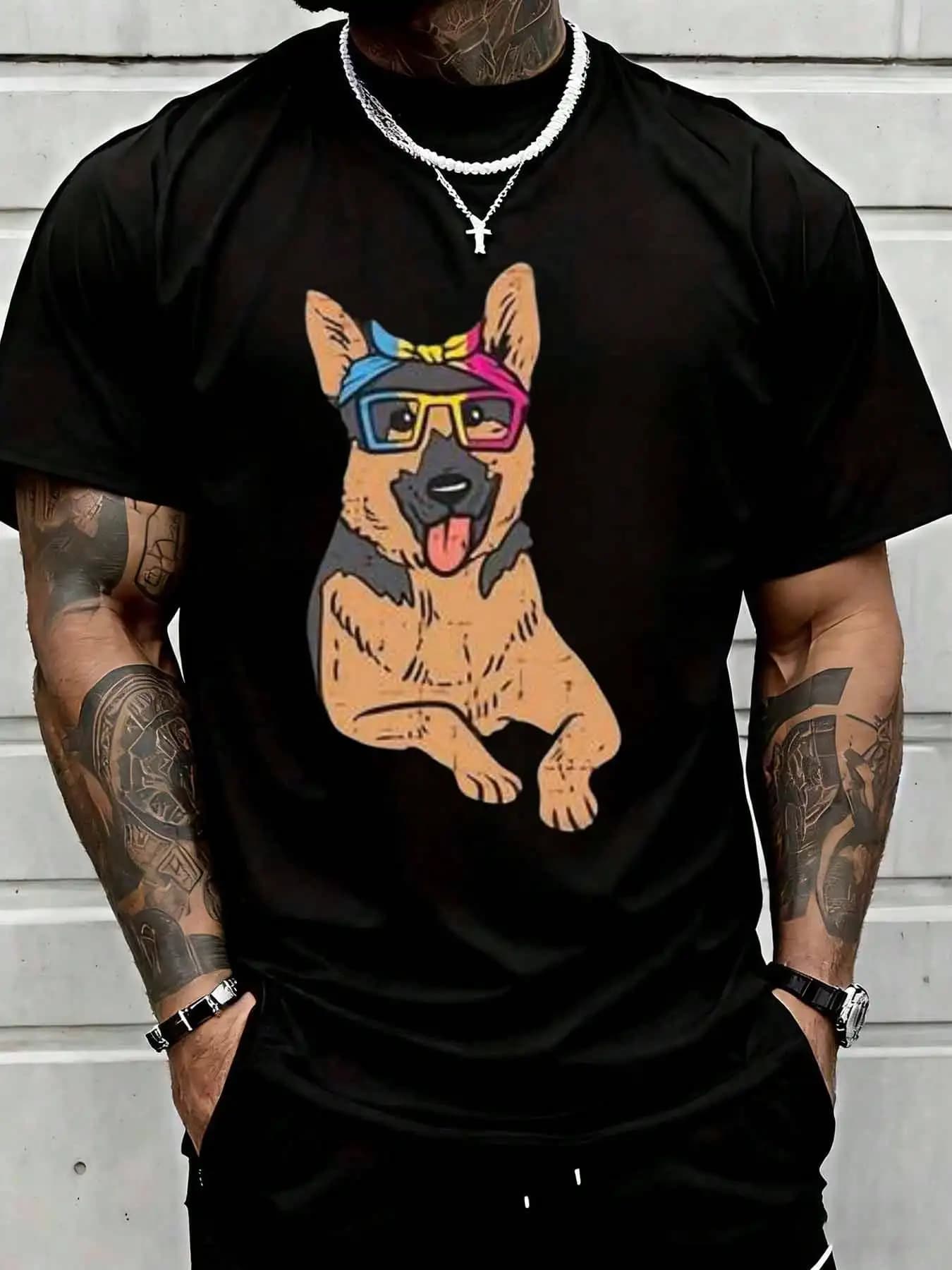 Cool German Shepherd Dog Wearing Sunglasses And Bandana Graphic Tee Shirt For Men Funny Animal Lover Gift Suitable For Casual Sports Wear