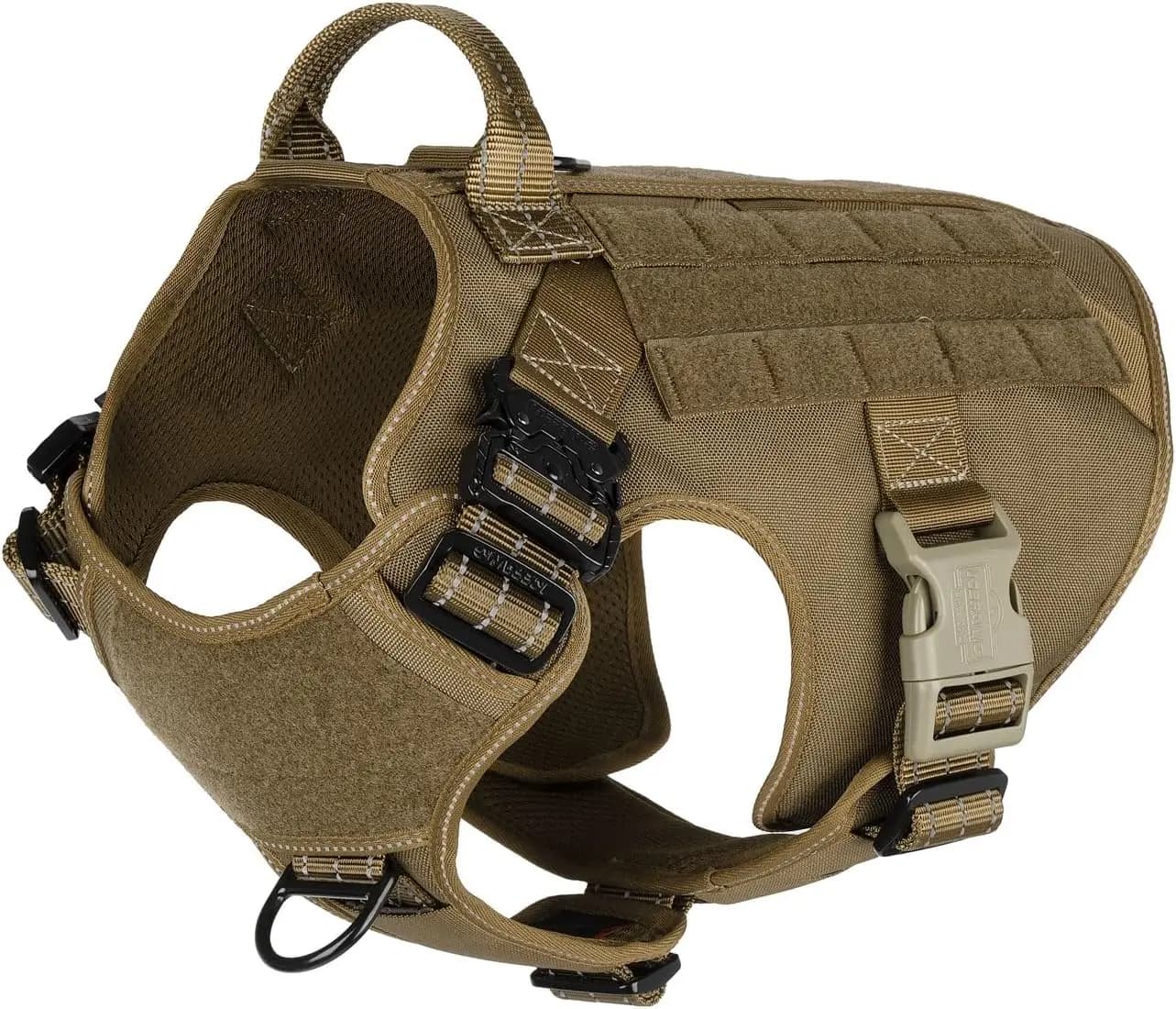 Pettorina Tattica Grande per Cani con Fibbie Metalliche, Gilet MOLLE, Maniglia, Clip Anti-Trazione per Guinzaglio, Pannello con Chiusura a Strappo - Marrone