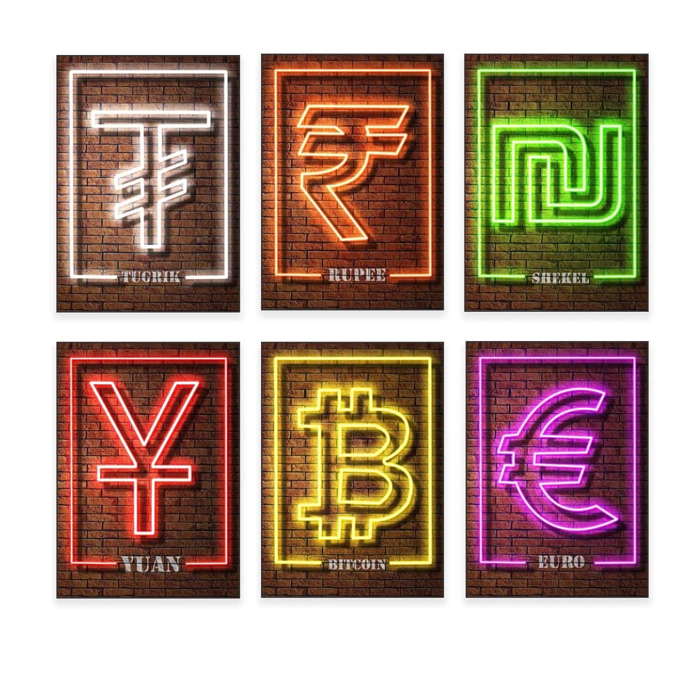Stampa grafica effetto neon Euro, Dollaro, Pound, Yen, Bitcoin, Rupee, Ethereum, Thai Baht segni stampa poster decorativo da parete