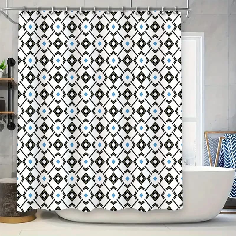 Decorazione per tenda da doccia impermeabile in stile moderno nero bianco blu con motivo geometrico per bagno 72x39 pollici