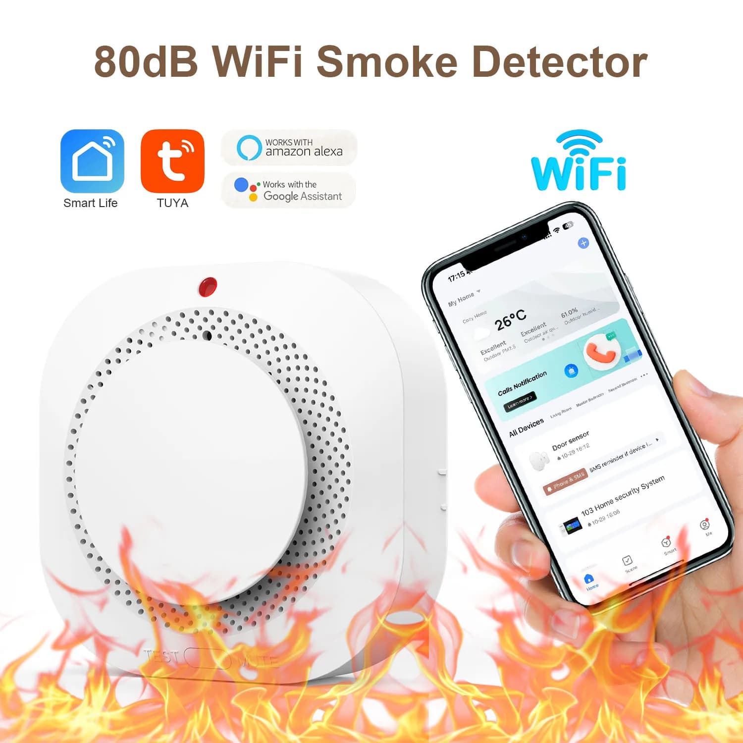 Rilevatore di allarme con sensore di fumo per protezione antincendio WiFi App Smart Life e controllo dell'app Tuya Smart funziona con Alexa e Google Assistant
