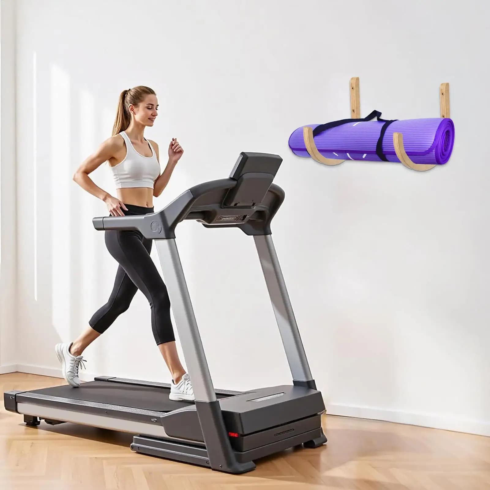 Wooden wall yoga mat holder (2 pieces) with screws, for home, gym, indoor exercises, fitness accessories