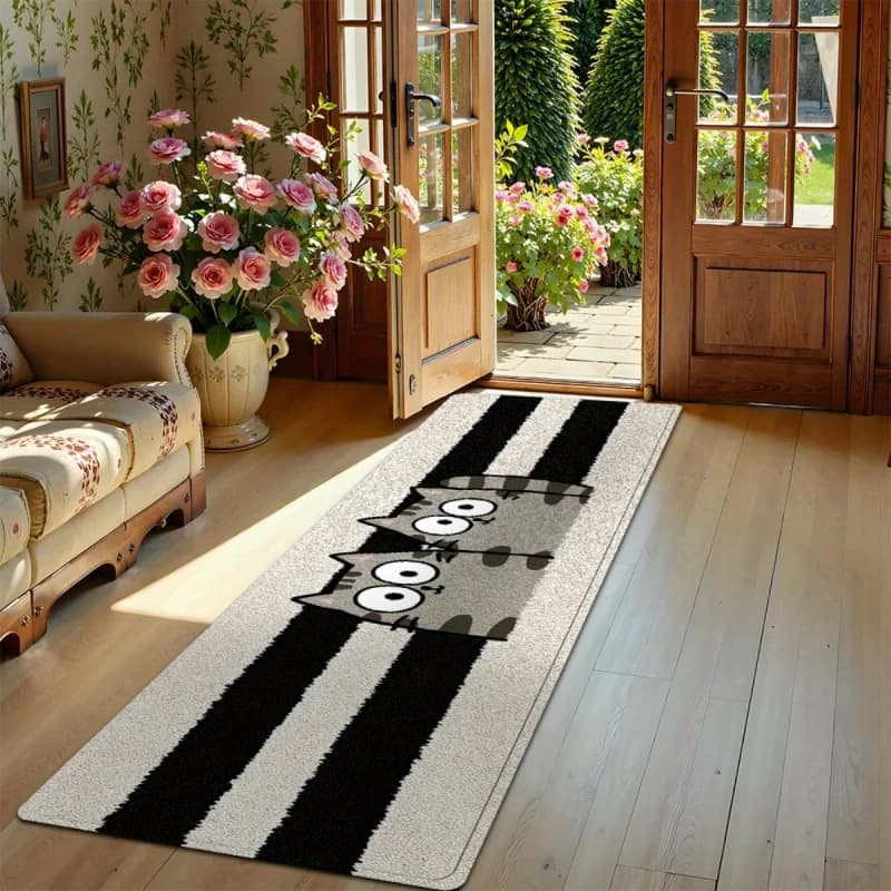 VIKAMA Tappetino da bagno con motivo gatto a righe bianche e nere, tappeto da bagno antiscivolo e fonoassorbente, tappeto per corridoio, decorazione per la casa